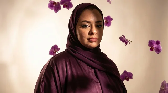امرأة إماراتية بالعباءة الأرجوانية مع زهور الأوركيد