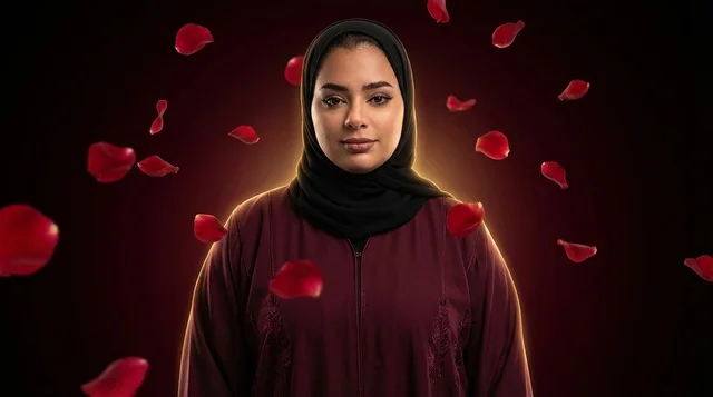 امرأة سعودية بالحجاب مع بتلات ورد متساقطة