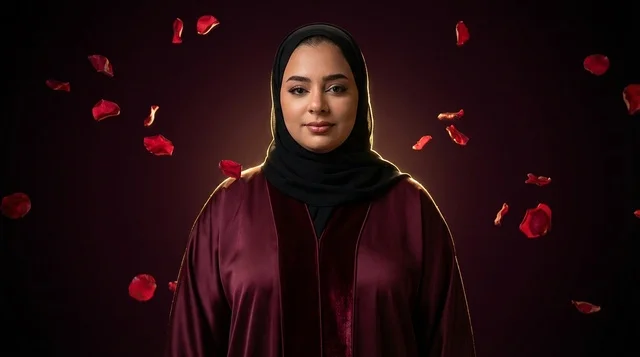 امرأة سعودية بعباءة مارونية مع بتلات ورد متساقطة