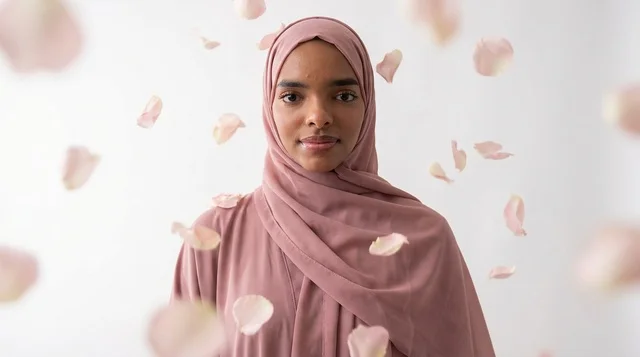 African Woman in Pink Hijab with Falling Petals