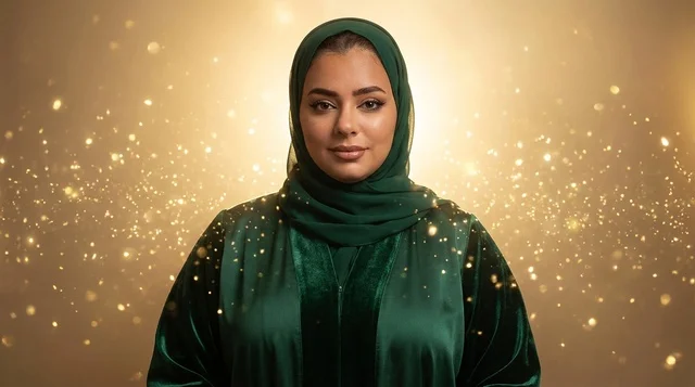 Arab Woman in Green Hijab and Abaya on Gold Background