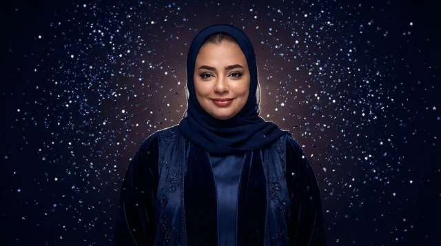 Saudi Woman in Blue Hijab with Starry Night Background