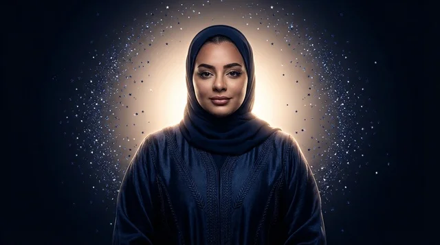 Middle Eastern Woman in Blue Abaya with Golden Halo