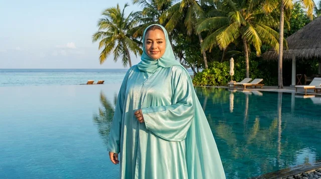 Emirati Woman in Blue Abaya at Luxury Resort Pool