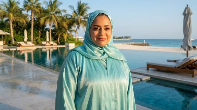 امرأة عربية بالعباءة الزرقاء في منتجع شاطئي فاخر