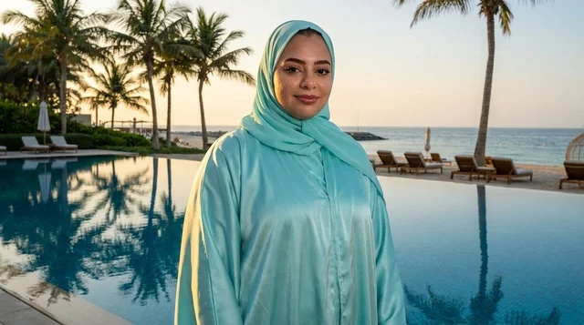 Arab Woman at Beach Resort Infinity Pool at Sunset