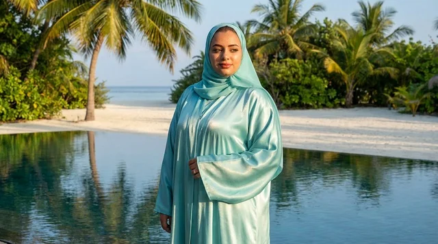 امرأة عربية بعباءة فيروزية بجانب مسبح في منتجع