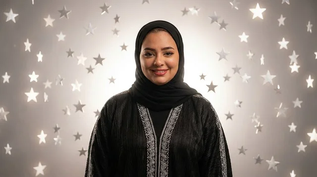 امرأة سعودية بالعباءة السوداء مع خلفية نجوم مضيئة