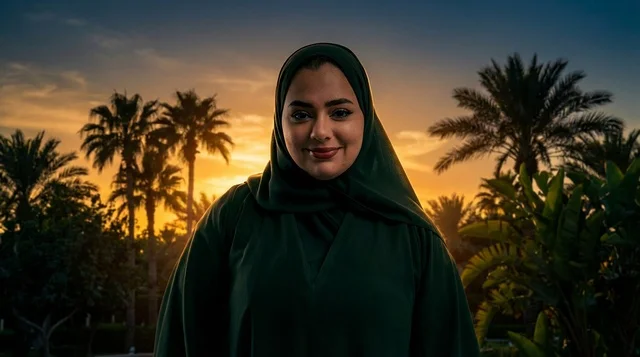 امرأة سعودية بالعباءة الخضراء وقت الغروب مع النخيل