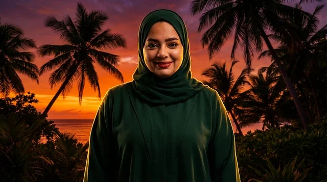Arab Woman in Hijab at Tropical Sunset