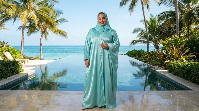 امرأة عربية بالعباءة الزرقاء أمام مسبح منتجع سياحي