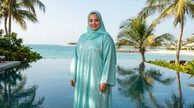 Emirati Woman in Turquoise Kaftan at Tropical Resort