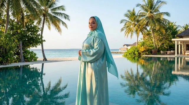 Emirati Woman in Blue Abaya at Tropical Resort