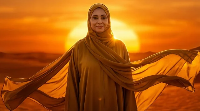 Arab Woman in Yellow Traditional Dress at Desert Sunset