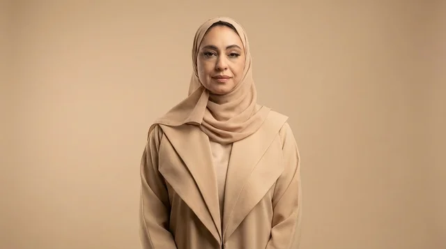 Arab Woman in Beige Hijab and Modern Abaya Portrait