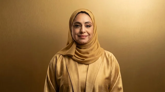 امرأة سعودية بالحجاب والعباية على خلفية ذهبية