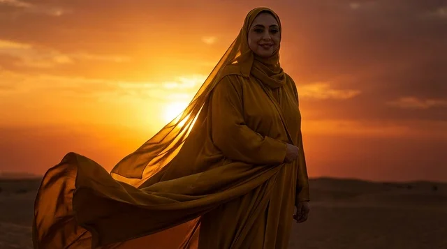 Emirati Woman in Traditional Dress at Desert Sunset