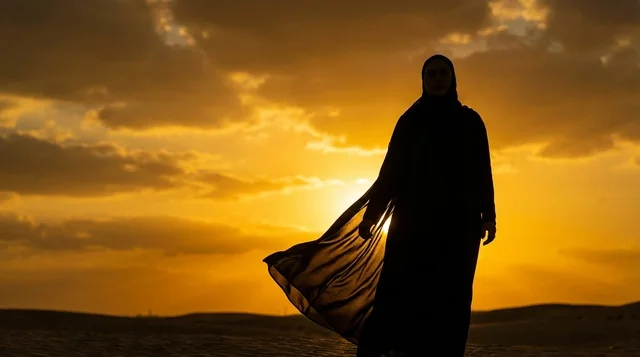 خيال امرأة سعودية بالعباءة في الصحراء وقت الغروب