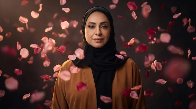 Arab Woman in Abaya with Falling Rose Petals