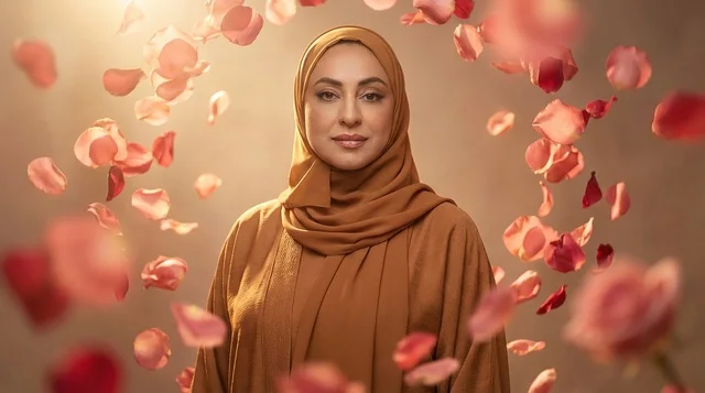 امرأة عربية بالحجاب مع بتلات الورد المتساقطة