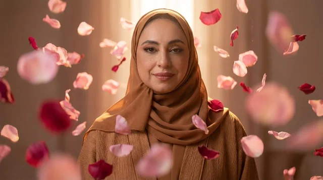 Emirati Woman in Hijab with Falling Rose Petals