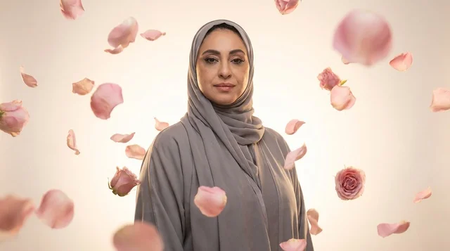 Emirati Woman in Grey Abaya with Falling Rose Petals Emirati Woman in Grey Abaya with Falling Rose Petals
