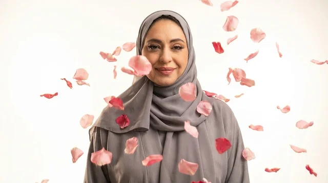 امرأة سعودية بعباءة رمادية مع بتلات ورد متساقطة