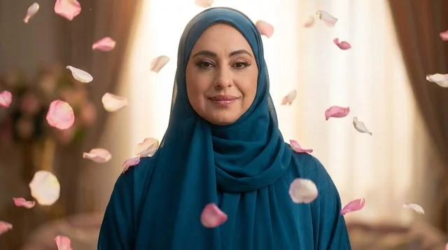 امرأة سعودية بالحجاب مع بتلات الورد المتساقطة