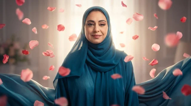 امرأة عربية بالحجاب مع بتلات ورد متساقطة