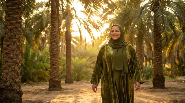 Arab Woman in Green Abaya Walking in Palm Farm at Sunset