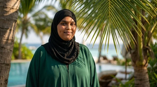 Muslim Woman in Hijab at Tropical Resort