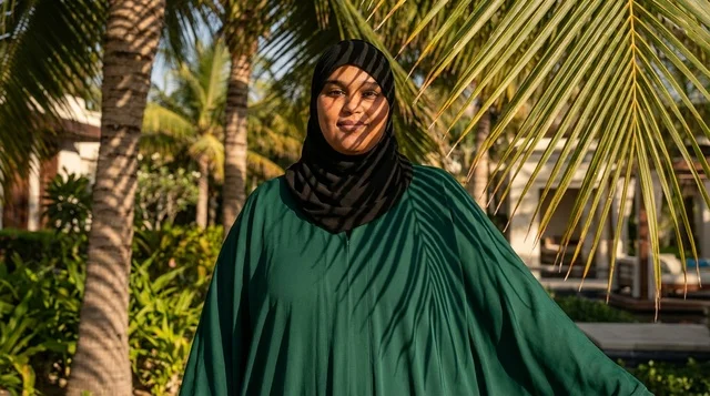 African Woman in Green Abaya Under Palm Trees