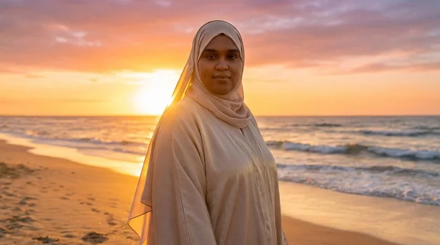 Saudi Woman in Hijab on Beach at Sunset