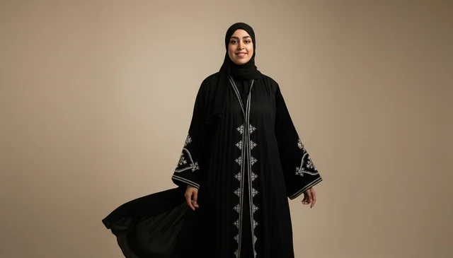 Saudi Woman in Traditional Black Embroidered Abaya Saudi Woman in Traditional Black Embroidered Abaya