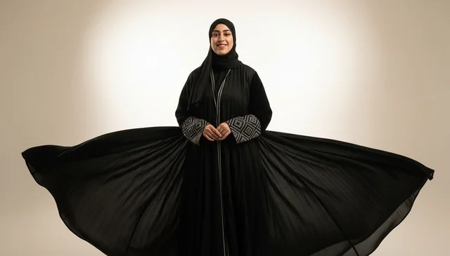 امرأة إماراتية بالعباءة السوداء التقليدية في استوديو