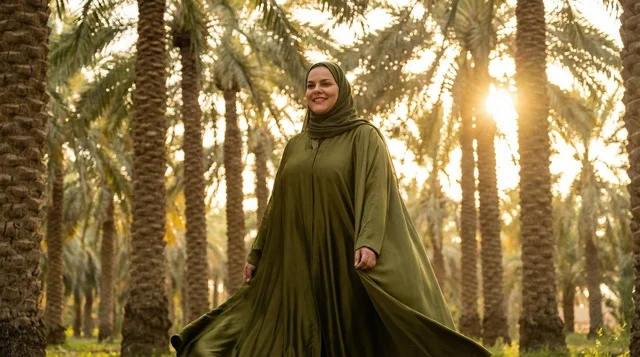 Saudi Woman in Green Abaya Palm Grove at Golden Hour