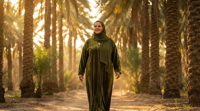 Arab Woman in Saudi Palm Grove Wearing Green Abaya