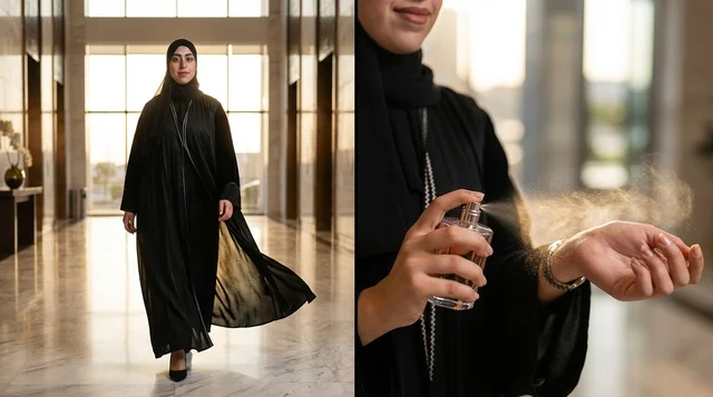 Saudi Woman in Abaya Spraying Perfume in Modern Hallway