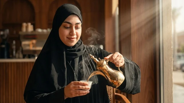 امرأة سعودية تصب القهوة العربية التقليدية في مقهى