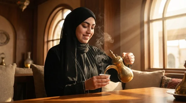 Saudi Woman Pouring Arabic Coffee from Golden Dallah