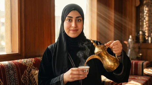 امرأة سعودية تصب القهوة العربية من دلة ذهبية