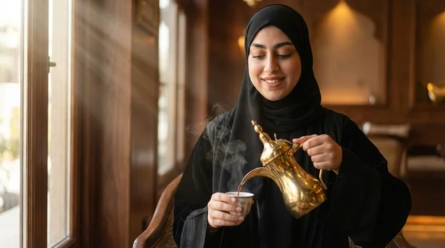 امرأة إماراتية تصب القهوة العربية التقليدية