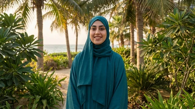 Arab Woman in Teal Hijab and Abaya at Beach