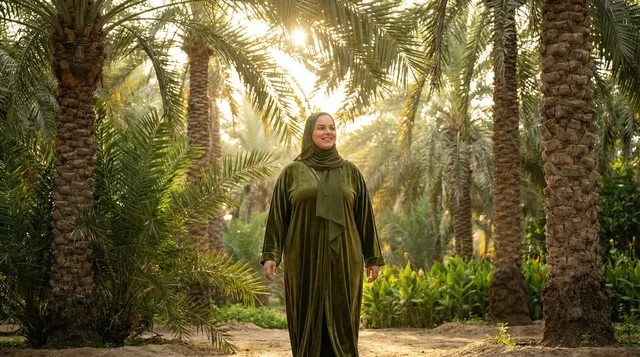Saudi Woman in Green Abaya at Palm Grove