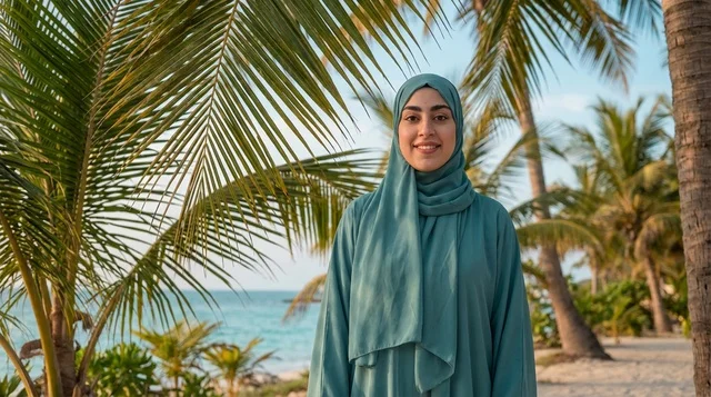 Arab Woman in Green Hijab on Tropical Beach Arab Woman in Green Hijab on Tropical Beach