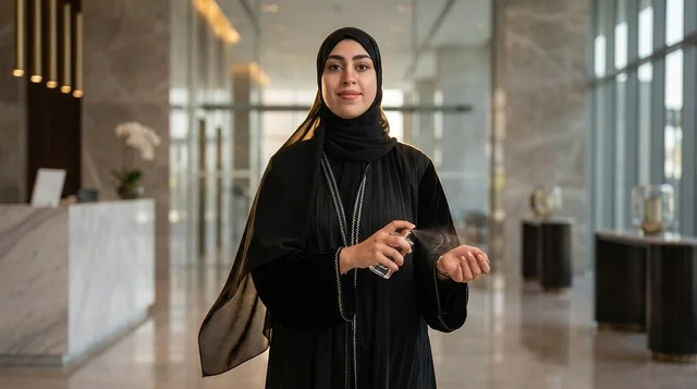 Emirati Woman in Abaya Spraying Perfume in Hotel Lobby Emirati Woman in Abaya Spraying Perfume in Hotel Lobby
