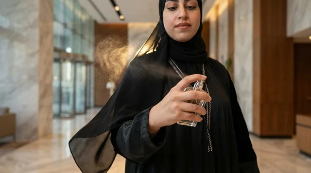 Arab Woman in Black Abaya Spraying Perfume