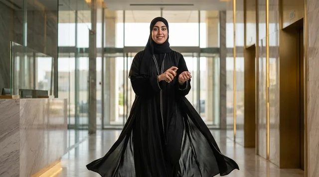 Emirati Woman in Abaya Applying Perfume in Hotel Lobby Emirati Woman in Abaya Applying Perfume in Hotel Lobby