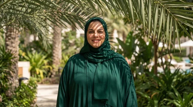 Saudi Woman in Green Abaya Under Palm Trees