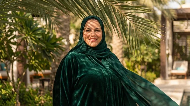 امرأة إماراتية بعباية مخمل خضراء في الحديقة